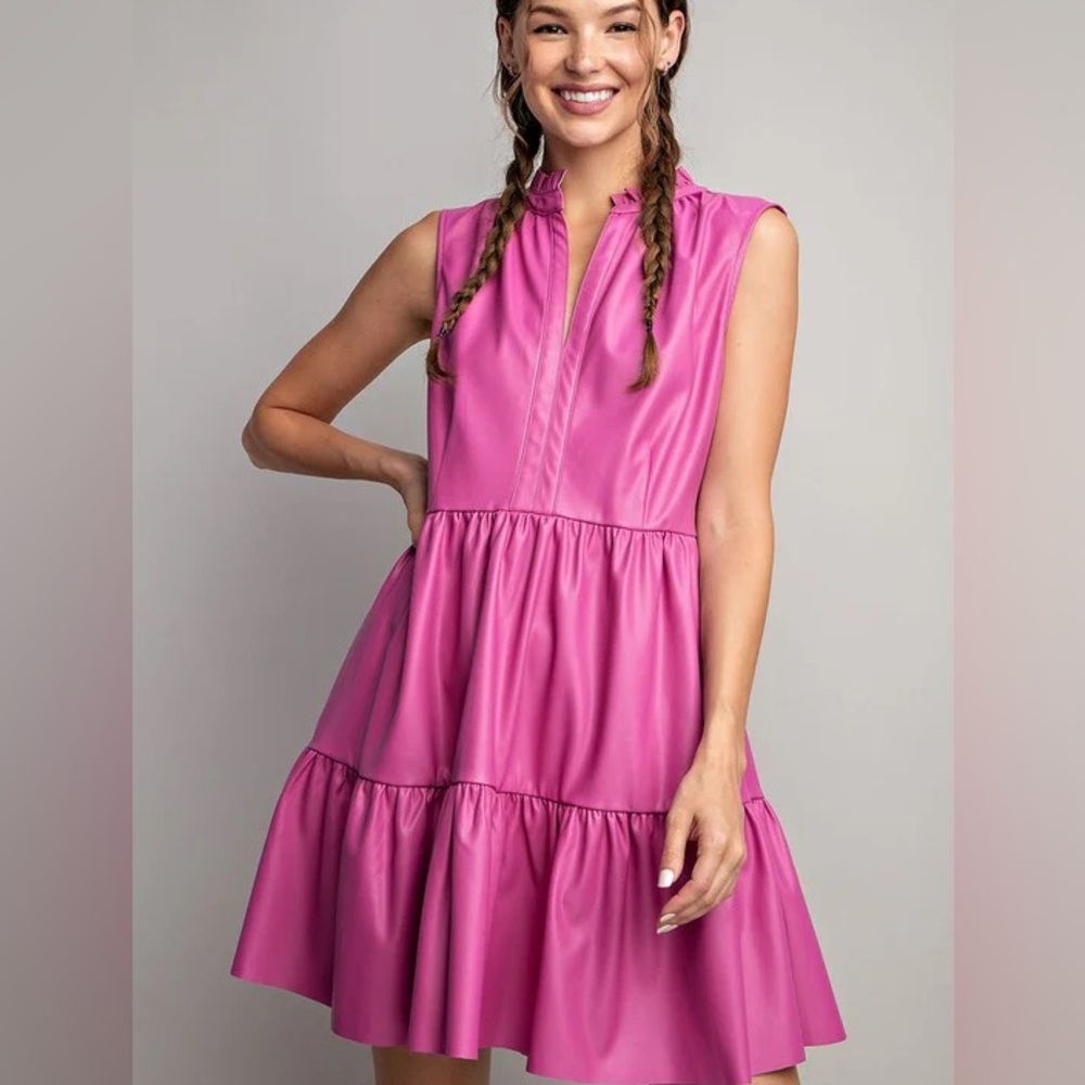 ee:some Hot Pink Faux Leather Tiered Mini Dress Size Small